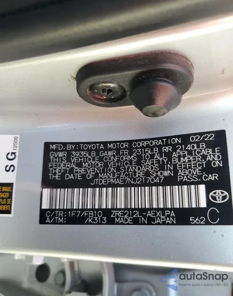 2022 Toyota Corolla Le from USA, damaged, VIN JTDEPMAE7NJ217047
